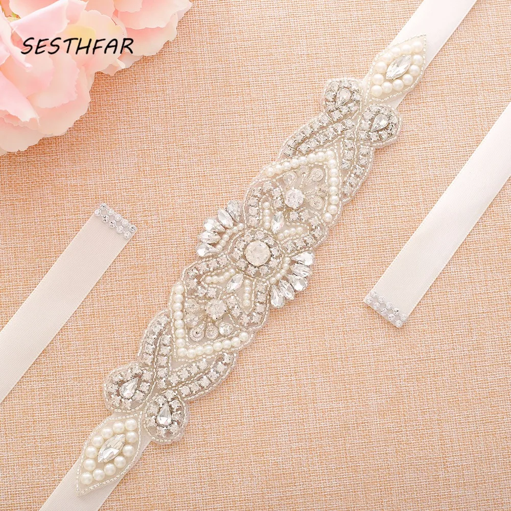 Sesthfar Crystal Parels Bruids Riem Hand Kralen Wedding Riemen Zilveren Steentjes Bridal Sash Voor Trouwjurken