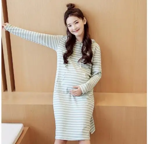 

New Autumn Winter Pregnancy Dress Loose stripes Maternity Dresses Pink Maternity Long sleeve Pregnant Women Nursing Dress