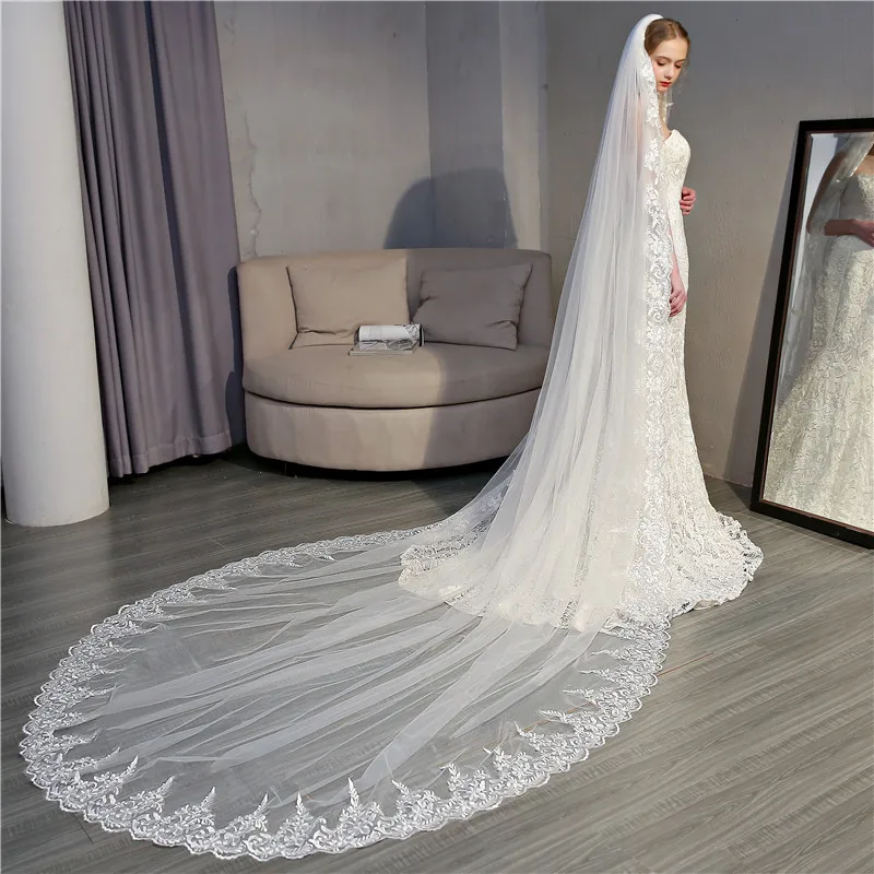 JaneVini 2019 Ngà Tulle Dài Cưới Nhà Thờ Mạng Che Mặt Duy Nhất Lớp Mạng Che Mặt với Comb Ren Appliques Cạnh Phụ Nữ Phụ Kiện Đám Cưới