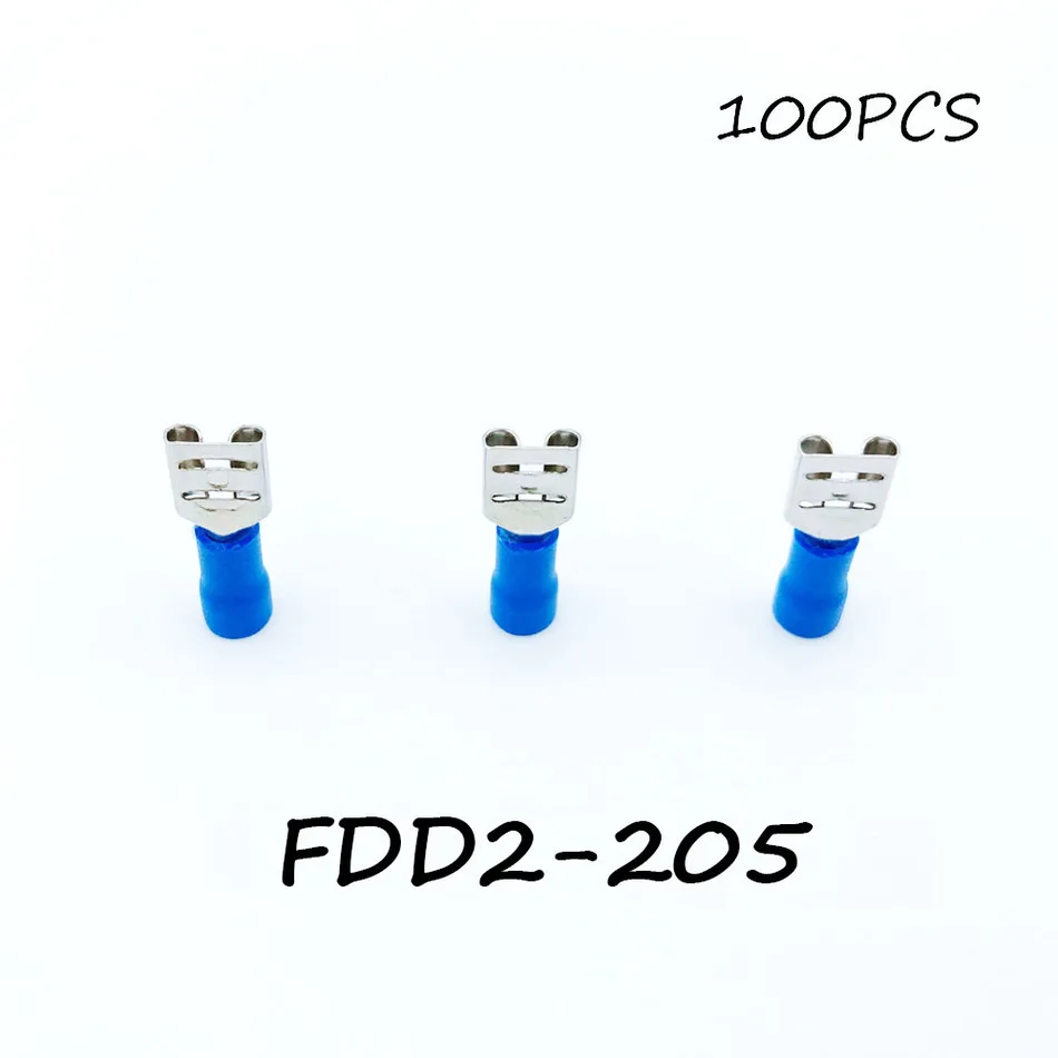 Insulated Female Disconnector FDD2-205 100PCS/Pack Blue Spade Quick Electrical Connector Crimp Wire Terminal AWG Terminator