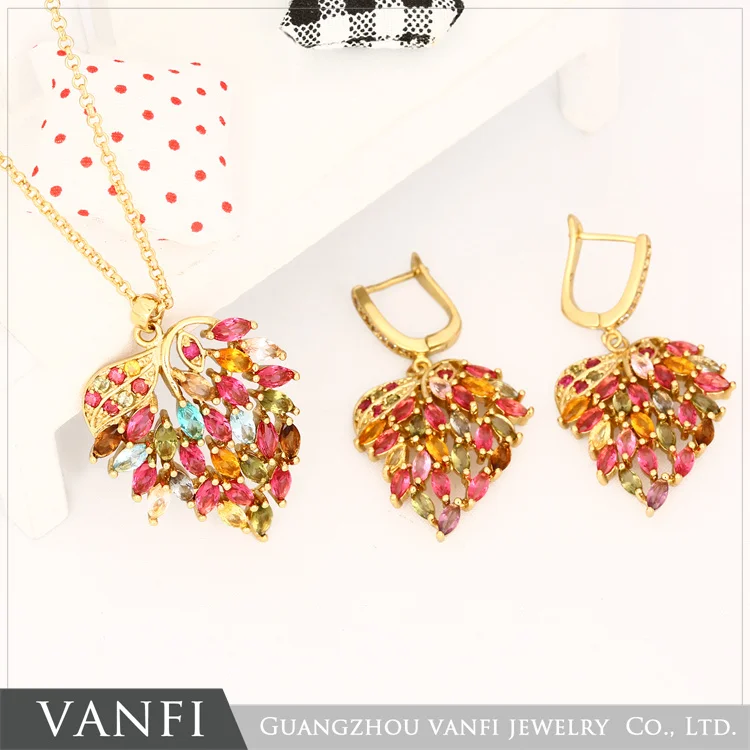 

Fashion Women New Gold Color Colorful Austrian Crystal leaves Necklace Earrings Ring Jewelry Sets