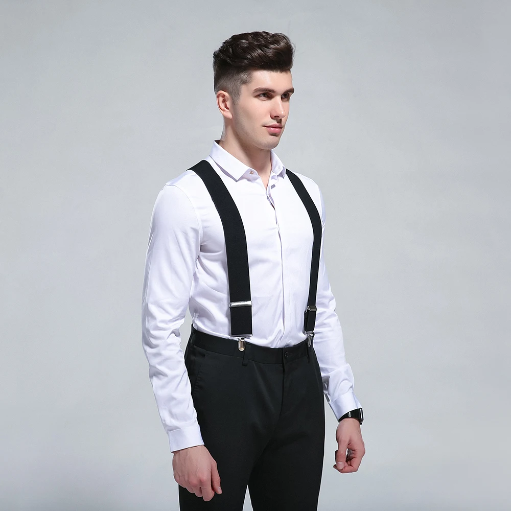 HUOBAO Vintage Black 5cm Wide Men's Suspenders X-Shape Trousers  Man Braces Strap Men Braces 4 Clip Elastic Male Suspenders