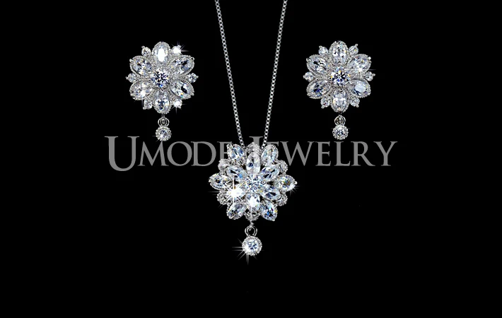 UMODE Women Jewelry Sets Including 1 Pair Floral CZ Stud Earrings & 1 Flower Chain Pendant Necklace Made of CZ Stones US0016