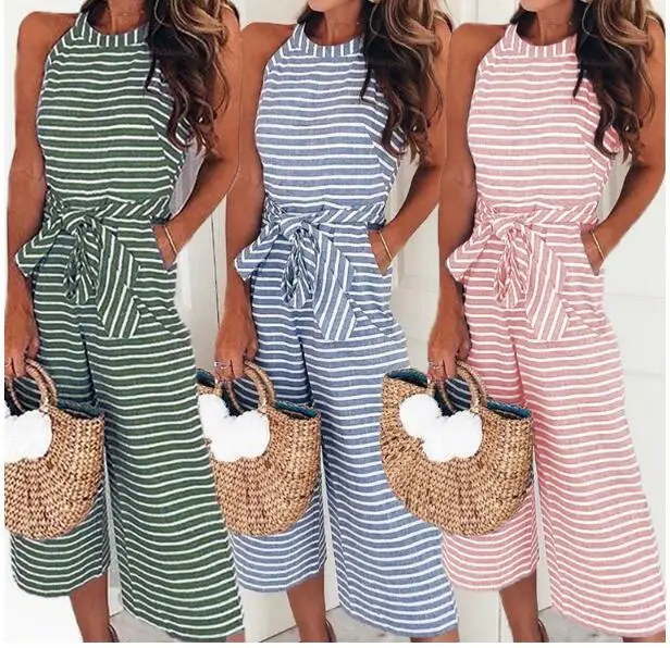 Sang Trọng Gợi Cảm Bộ Đồ Bay Jumpsuits Nữ Không Tay Sọc Rời Quần Quần Ống Rộng Rompers Ngày Lễ Thắt Lưng Leotard Áo Liền Quần