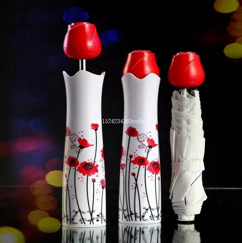 

50pcs Portable Rose Vase Umbrella Sunny Rainy Folding Umbrellas Ladies Fashion Lovely Rain Gear Wholesale