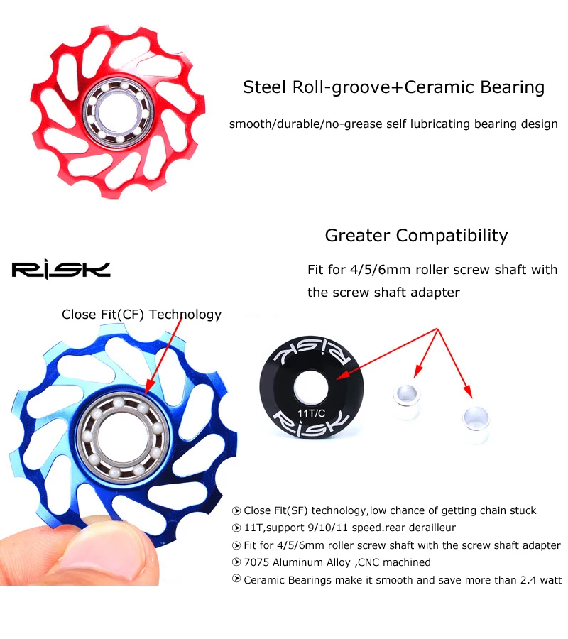 RISK Cycling MTB Mountain Road Bike Bicycle 11T Rear Derailleur Jockey Wheel Tension Guide Pulley Ceramic Bearing Aluminum Alloy image 3