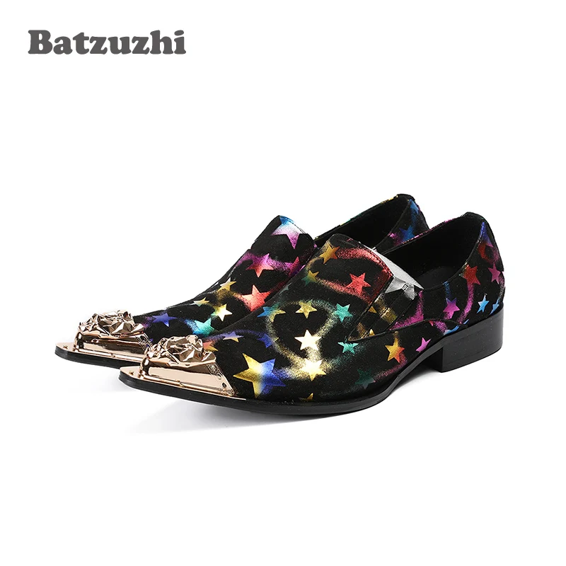 Batzuzhi Luxury Men Shoes Gold Metal Tip Leather Dress Shoes Black Suede with Color Stars Rock Party and Wedding Dress Shoes