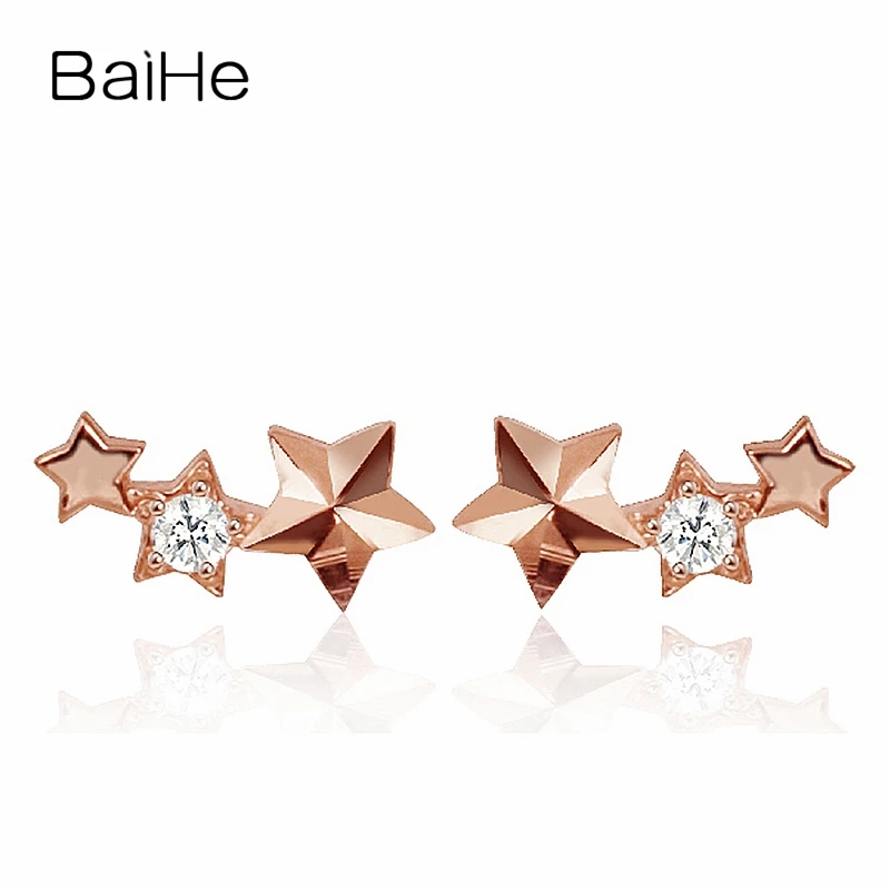 

BAIHE Solid 18K Rose Gold H/SI Natural Diamond Star Stud Earrings Women Men Trendy Fine Jewelry aretes de mujer イヤリング kolczyki