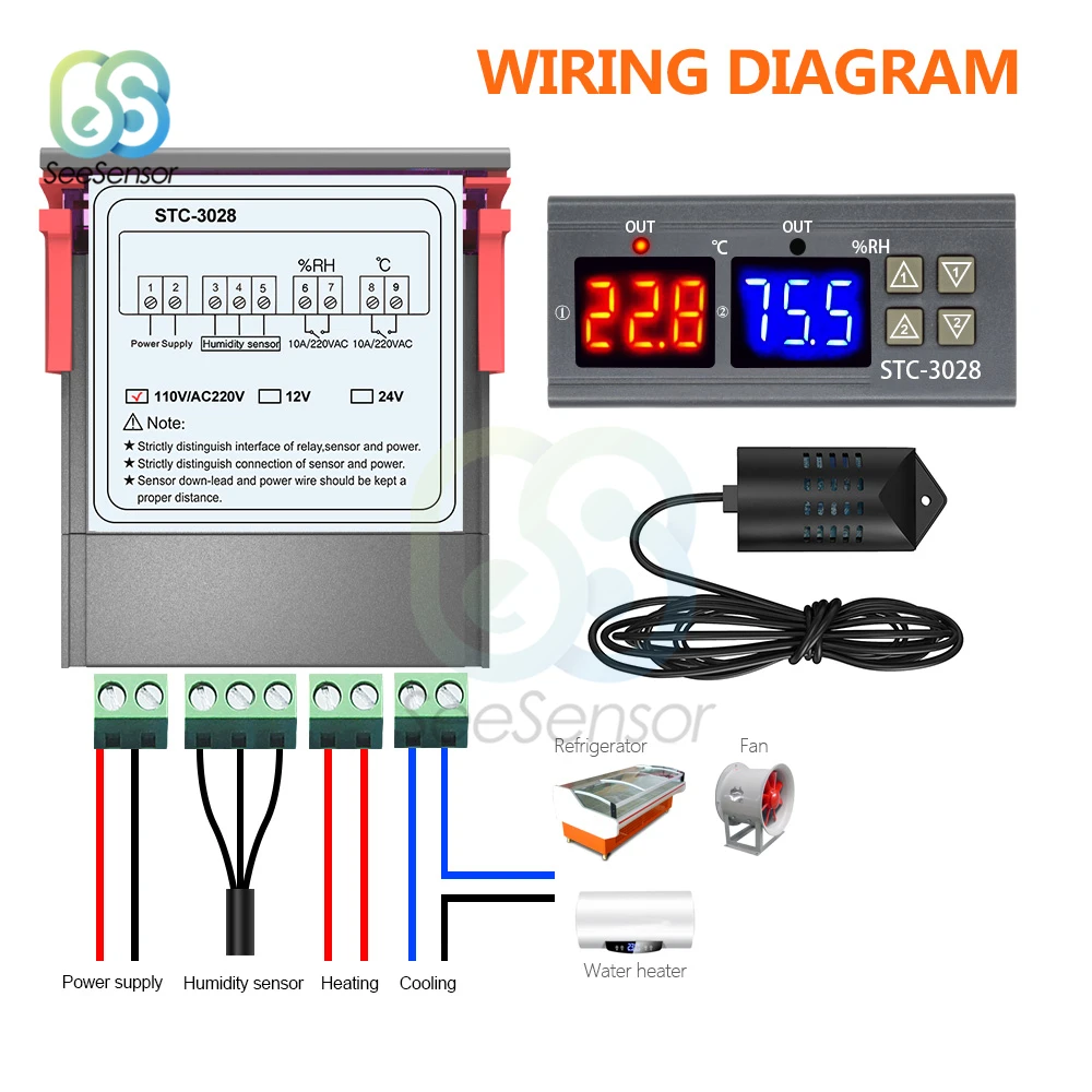 STC-3028 Dual Umidità Regolatore di Temperatura Regolatore Digitale per Frigo Termostato Regolatore Regolatore 12V 24V 220V Termometro