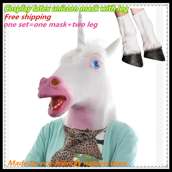 

Free shipping Realistic Halloween Party Cosplay Adult Unicorn head latex Mask with 1 Pair Unicorn Hooves Gloves