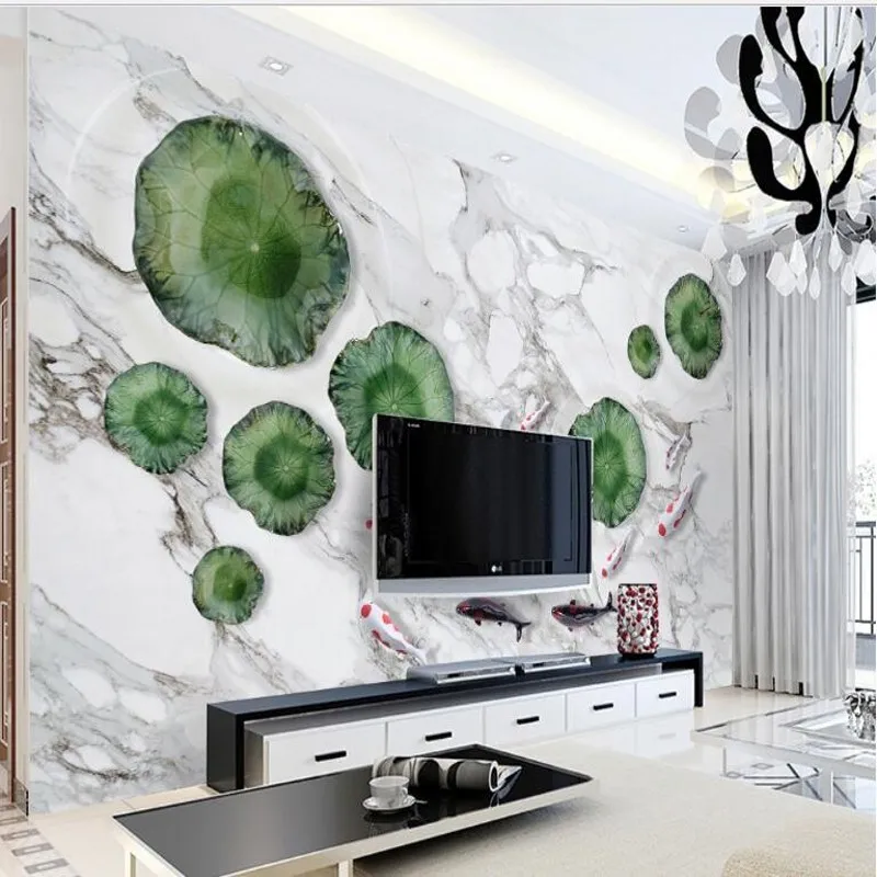 

wellyu Custom large fresco 3D lotus nine fish interesting figure Marble TV background wall wallpaper papel de parede