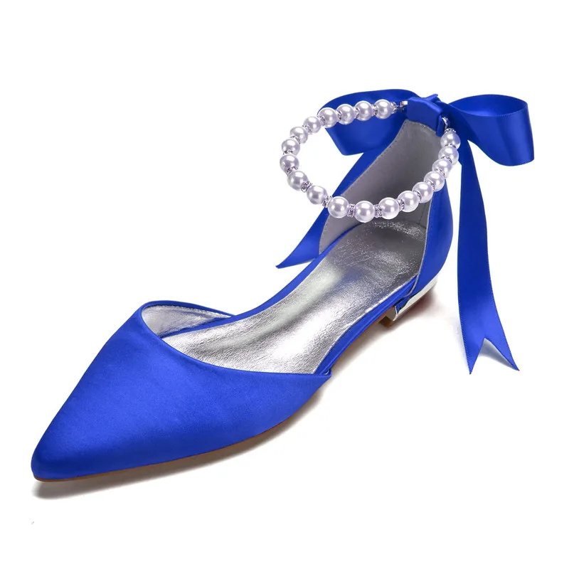 Comfort Flat Satin Women Shoes Pointed Toe Ankle Strap Pearls Ribbon Formal Prom Evening Wedding Party Dress Flats