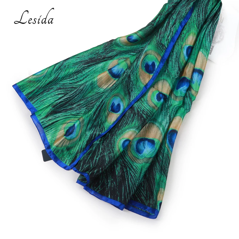 LESIDA Luxury Brand Women Green Silk Shawl Peacock Feather Print Scarves Big Size Echarpes Femme Cachecol Foulards 180*90CM 3004