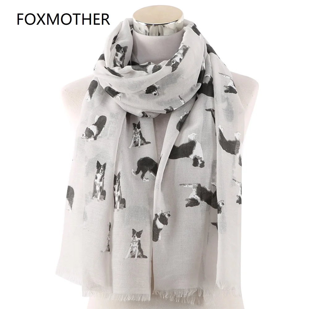 FOXMOTHER New Lightweight Grey White Pet Shepherd Dog Print Scarf For Dog Lovers Shawl Wrap Animal Scarves Ladies