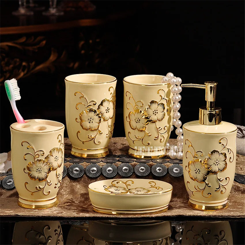 New Arrival European-style Ceramic Bathroom Five-piece Set 05001-1 Creative Bathroom Toiletries Rinse Cup Brush Cup Set Hot Sale