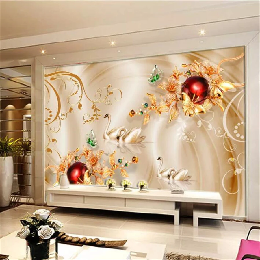 Beibehang papel de parede Custom wallpaper 3D mural diamond flower swan silk background wall living room bedroom wallpaper mural