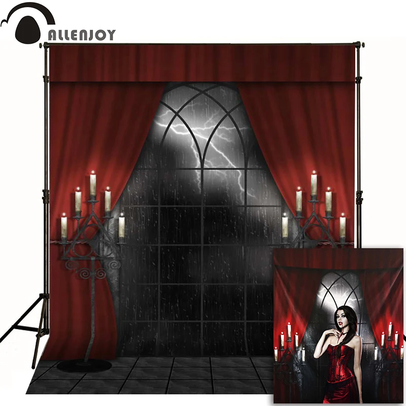 Allenjoy Photophone Photographic Halloween Background Candle Haunted House Red Curtain Photo Backdrops For Sale Photography