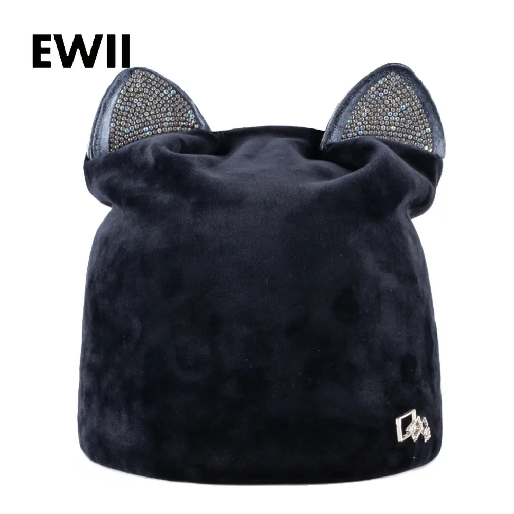 

Rhinestone beanies cap with ears skullies women autumn winter hats for ladies fashion beanie cat hat women casual velvet caps