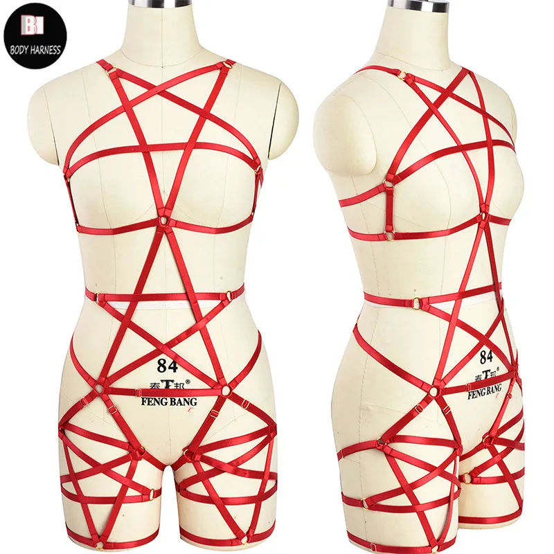 

Goth Pentagram Body Harness Set Punk Pole Dance Harness Bra Rave Pentagram Leg Garter Belt Bondage Sexy Lingerie Body Cage