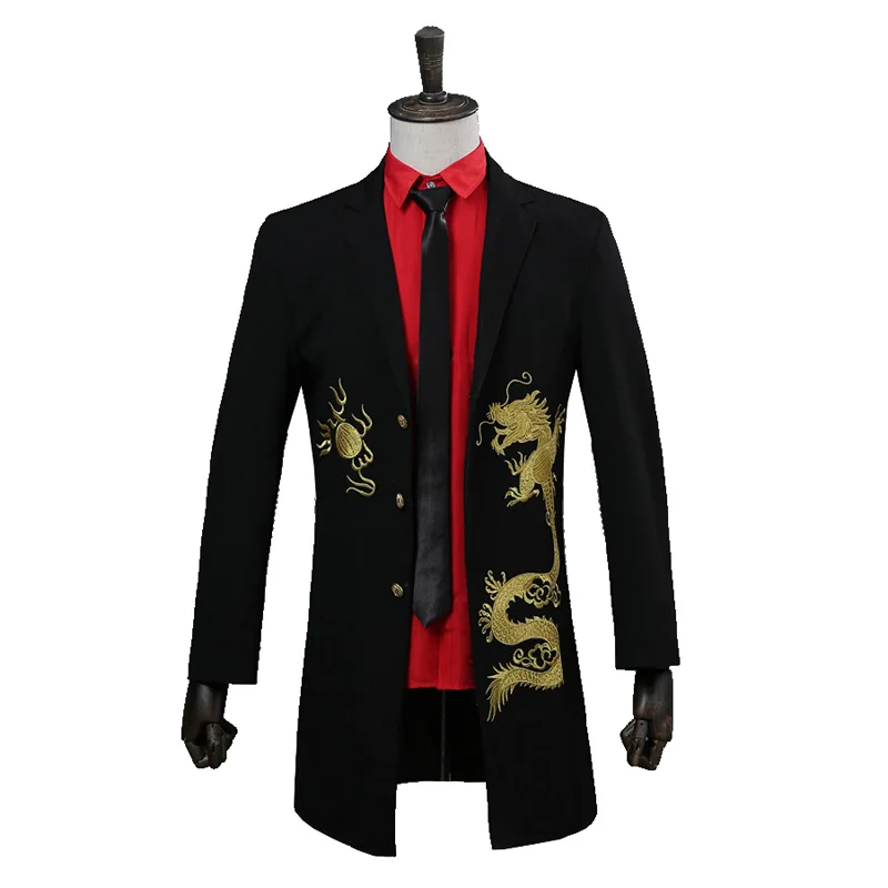 

mens embroidery dragon black long tuxedo jacket/stage performance/stuido/long jacket/asia size