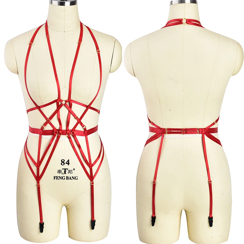 

JLX.HARNESS Sexy Red Elastic Bondage body Harness bra Suspender leg garte belt strappy Goth garter Intriguing Accessory SET