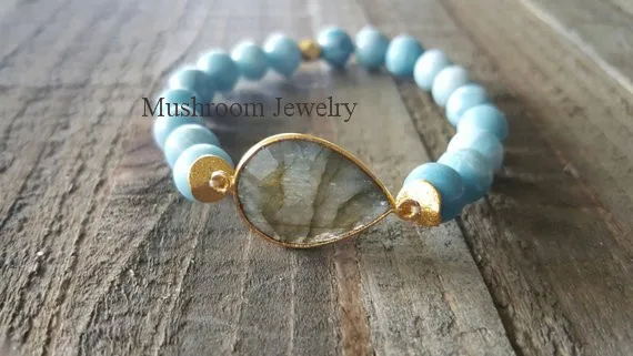 

Gold Wavy Disk Spacer Beads Blue Jades Dalmatian Jaspers Bohemia Stretch Stack Bracelet