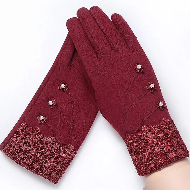 Moda eleganckie damskie rękawiczki do ekranu dotykowego zimowe damskie koronkowe ciepłe kaszmirowe kokardki pełne mitenki na rękę Guantes prezent 16A-F