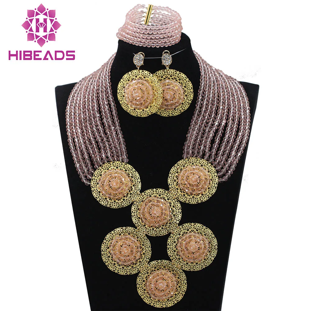 

Trendy Baby Pink 10 Rows Nigerian Wedding African Costume Jewelry Set Fashion Beads Crystal Necklace Set Free Shipping ABH170