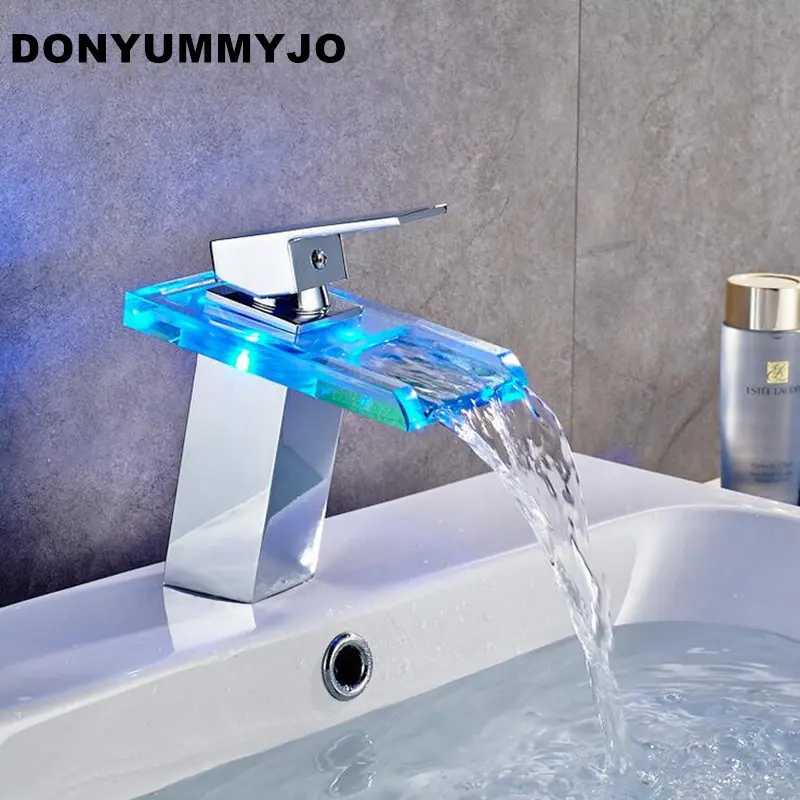 

DONYUMMYJO High Quality LED Light Waterfall Spout Bathroom Basin Faucet Deck Mount Square Vanity Sink Mixer Tap