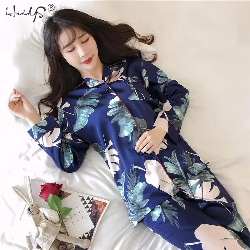 Plus Size M-5XL Pyjamas Autumn Winter Women Silk Satin Tops +Long Pants Pajamas Set NightSuit Female Sleepwear Sets Night Wear