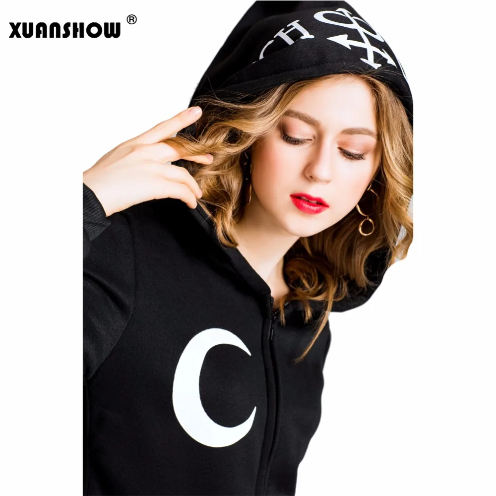 Damen Gothic Punk Hoodie Sweatshirt mit Mond-Buchstaben-Print, Langarm-Reißverschlussjacke, Herbst-Winter-Mode Streetwear – Detail 2