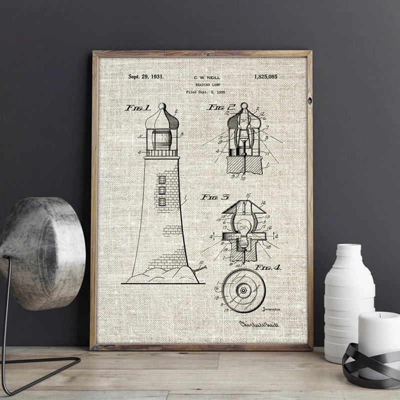 المنارة براءات خمر مخطط الملصقات والمطبوعات الرسم على لوحات القماش الجدارية بحار بحري الفن هدية صورة ديكور جدران المنزل