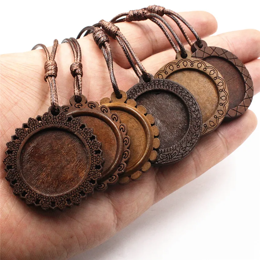 Fit 25mm Cabochons brown Wood Necklace Base blank Wooden Pendant Trays Diy Jewelry Accessories for Necklace Making 2 Strands