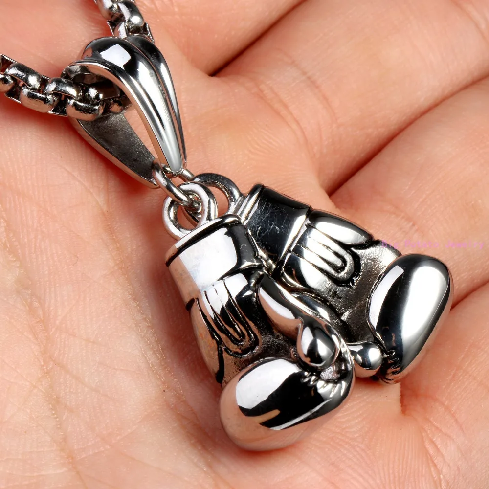 New 2pcs/set Silver Color 316L Stainless Steel Shinny Boxing Glove Pendant Necklace Free Rope Chain Cool Men\'s Jewelry