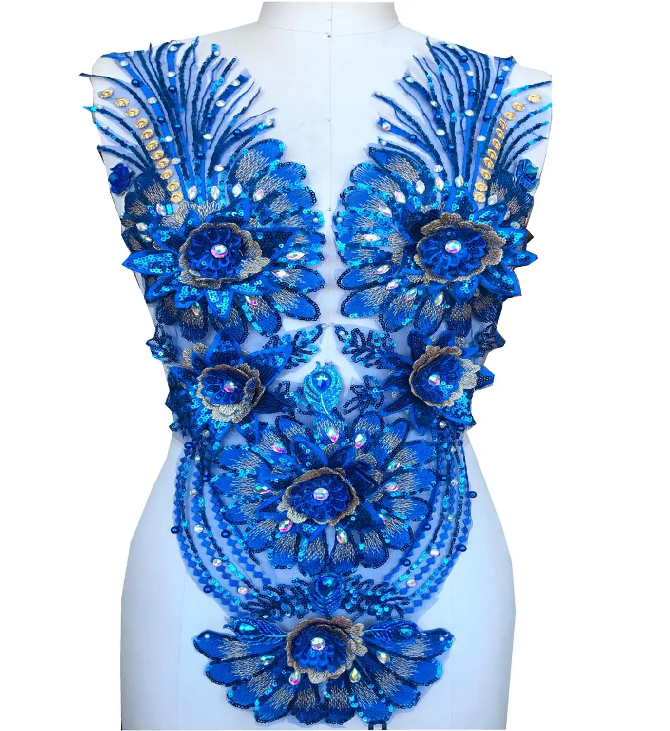 

3D Трехмерная Цветочная Кружевная аппликация royalblue Стразы Декоративные нашивки 62*34 см для платья