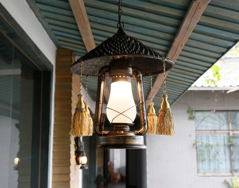 European ancient natural bamboo hand-woven pendant light American individuality bronzing hat E27 lamp for corridor&porch LDK014