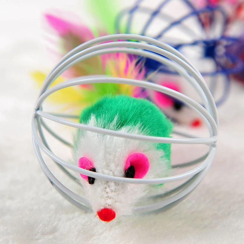 Cute Cat Toy Metal Ball Cage With Plush Mouse Inside Pet Scratching Toy Color Random Pet Supplies