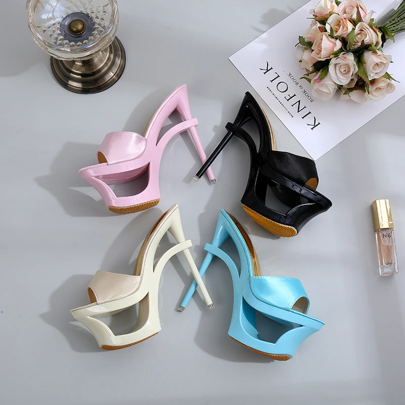 Shoes Woman Summer Slippers Sliders Female+Shoes 2019 Platform Silk Strange Style Heel 15cm Satin Face Shoes Sandalias Mujer