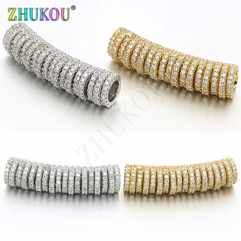 8*33mm Brass Cubic Zirconia Long Curved Tube Spacer Beads DIY Jewelry Bracelet Necklace Making, Hole: 5mm, Model: VW7