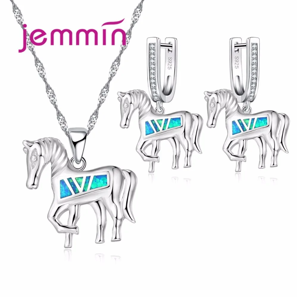 Silver 925 Sterling Animal Horse Women Party Necklace Earrings Set Fine Blue Fire Opal Jewelry Sets For Birthday Gift