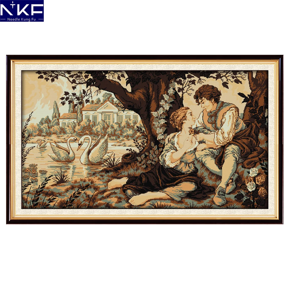 NKF The Swan Lake and The Lovers Cross Stitch Painting Embroidery Stamped Kits Needlework Handmade Chinese Cross Stitch