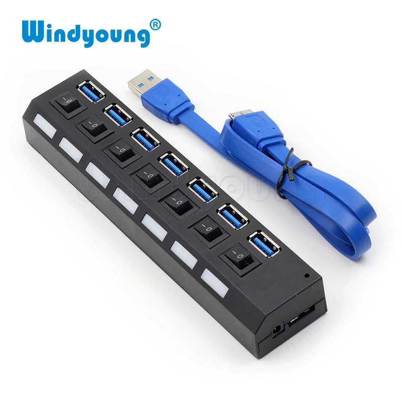 Windyoung ฮับ USB 3.0ความเร็วสูง7พอร์ต USB 3.0 Hub พร้อม EUPower Adapter Multi USB Splitter On/Off สำหรับแล็ปท็อป MacBook PC