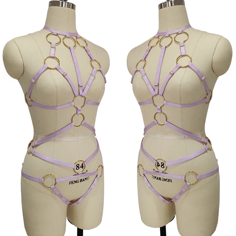 Original Design Body Harness Belt Set Dream Purple Big Gold Color O-Ring Elastic Adjustable Sexy Pole dance Bondage Harness