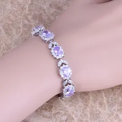 Glamorous Purple Cubic Zirconia White CZ Silver Plated Link Chain Bracelet 7 inch S0399