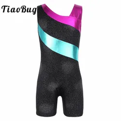 Girls Kids Sleeveless Leopard Gymnastics Leotards Glittery Splice Ballet Dance Bodysuit Jumpsuit One-piece Unitard Costume