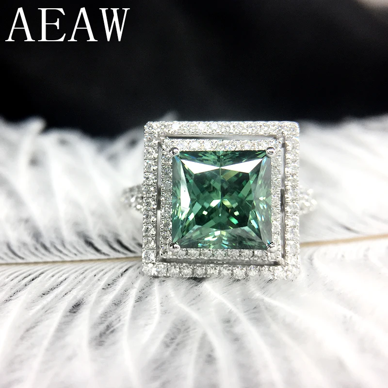 AEAW Princess Moissanite Engagement Halo Ring 2carat Green Moissanite Lab Diamond 14K White Gold Wedding Rings For Women