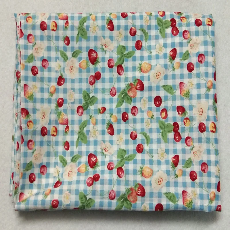 Graceful Blue Check Strawberry Cherry Flower Printed Cotton Poplin Fabric Floral Poplin Fabric 48x140cm Baby Cloth Dress Patchwo