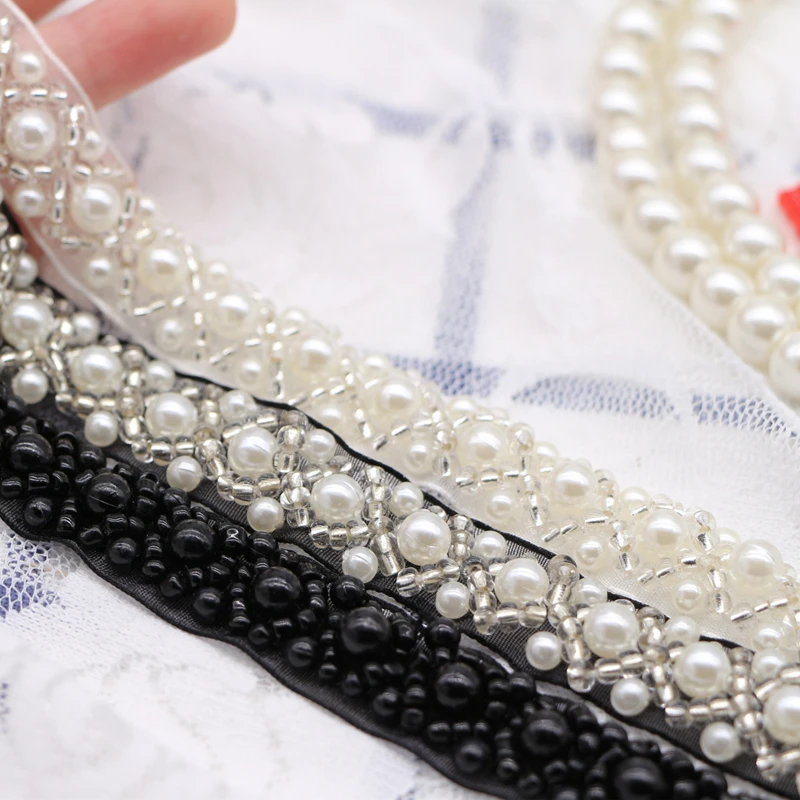 White Pearl Seed Bead Beaded Trims Sew On collar Ribbon 1cm 1.5cm Width for Jewelry Headpiece DIY Dress belt