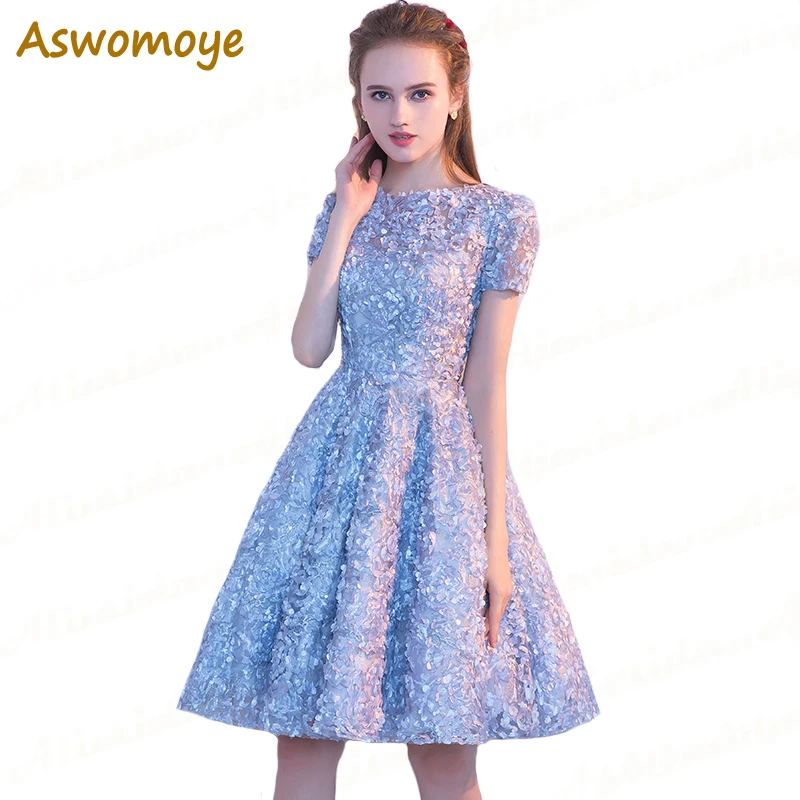 Aswomoye Short Evening Dress 2020 Elegant Banquet Red Carpet Prom Dresses Soft Material Party Dress O-Neck robe de soiree