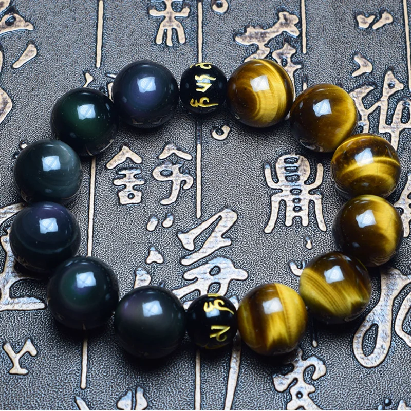 Bracelet Women Men Natural Stone Bracelets Rainbow Obsidian Tieger Eyes With Six Words Mala Beads Bracelets For Couples Jewelry